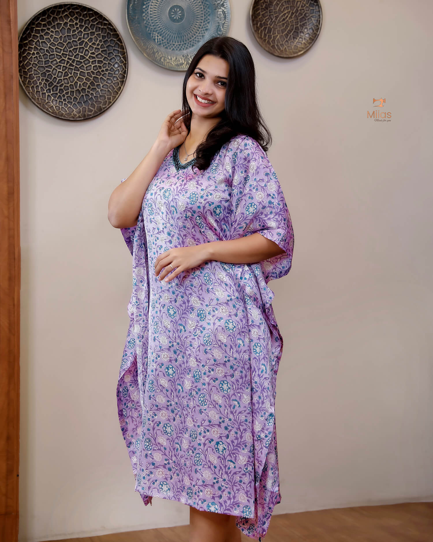 Jaipur Print Modal Silk Kaftan Stunning Beaded Neckline-Lavender Pink.