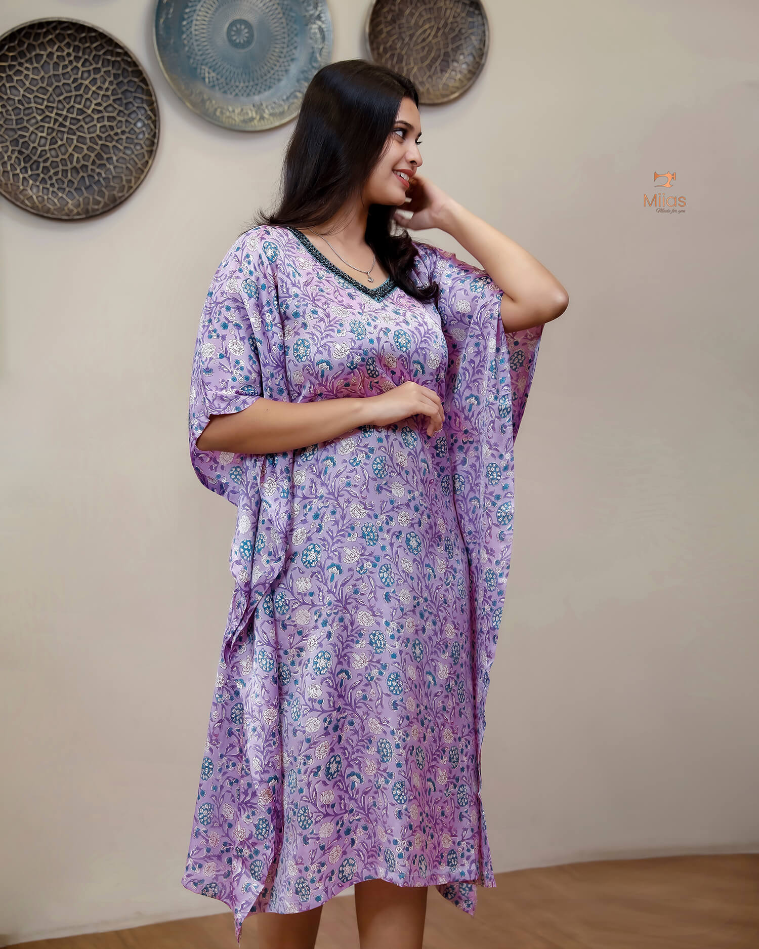 Jaipur Print Modal Silk Kaftan Stunning Beaded Neckline-Lavender Pink.