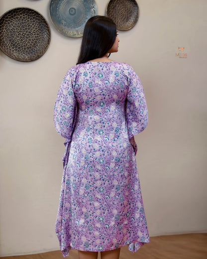 Jaipur Print Modal Silk Kaftan Stunning Beaded Neckline-Lavender Pink.