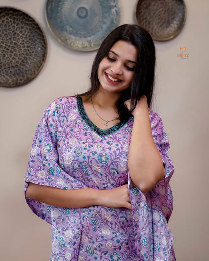 Jaipur Print Modal Silk Kaftan Stunning Beaded Neckline-Lavender Pink.