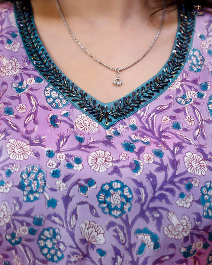 Jaipur Print Modal Silk Kaftan Stunning Beaded Neckline-Lavender Pink.