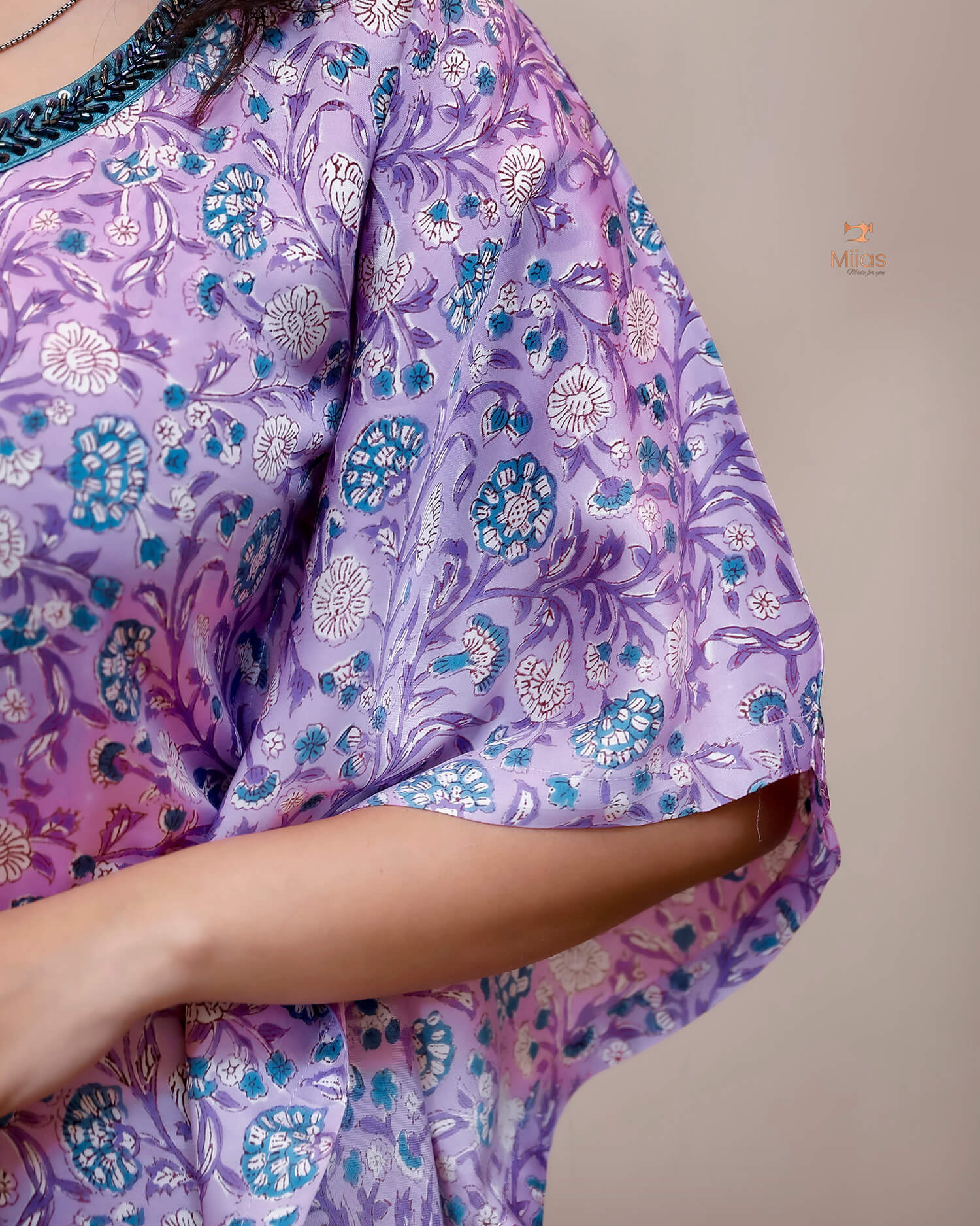 Jaipur Print Modal Silk Kaftan Stunning Beaded Neckline-Lavender Pink.