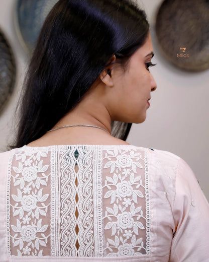 Chanderi Silk Kurti: Women's Embroidered Pastel V-Neck Lace-Pastel Peach.