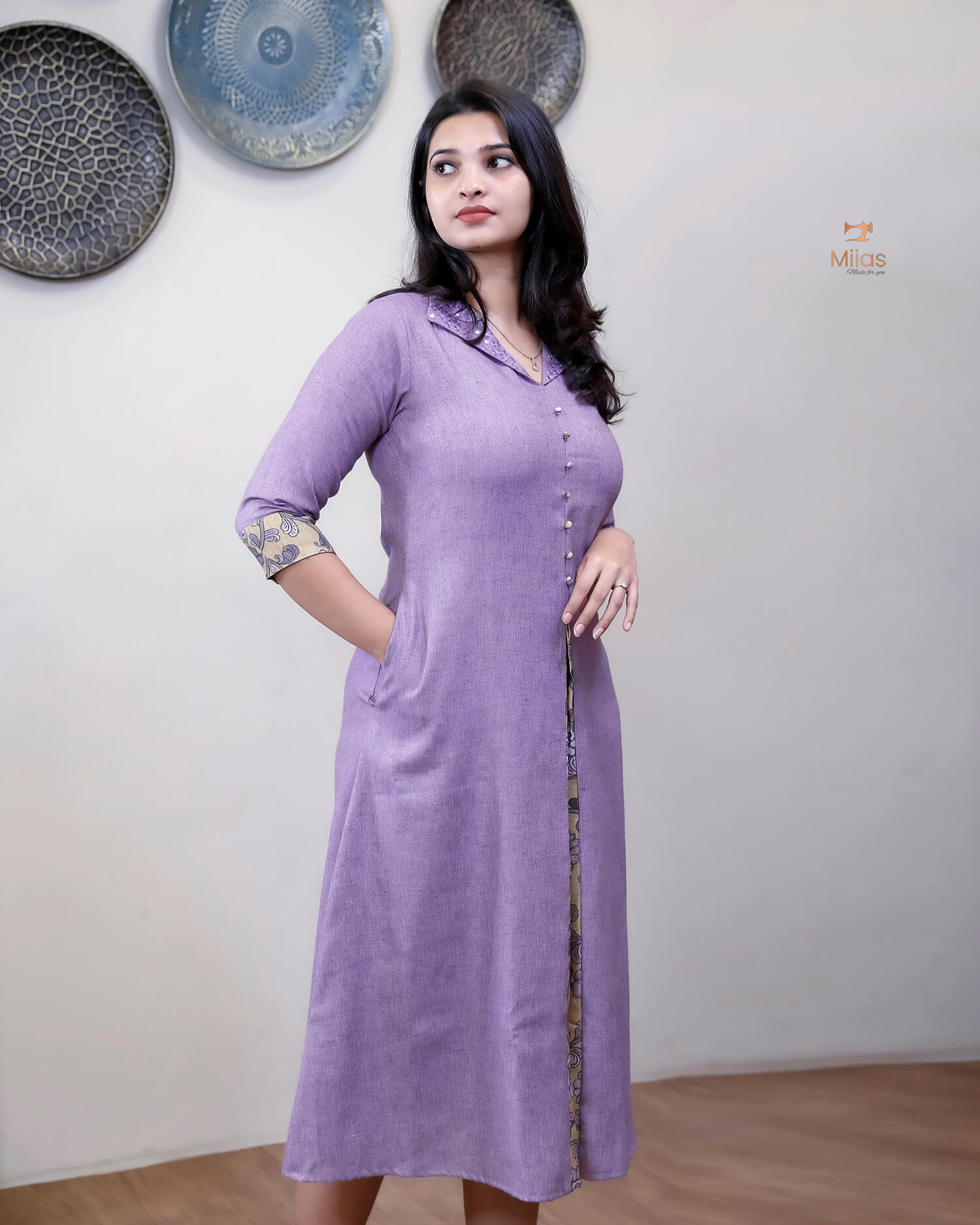 Linen Jute Kurti: Mirror Work Pleat w/ Kalamkari Patch-Lavender