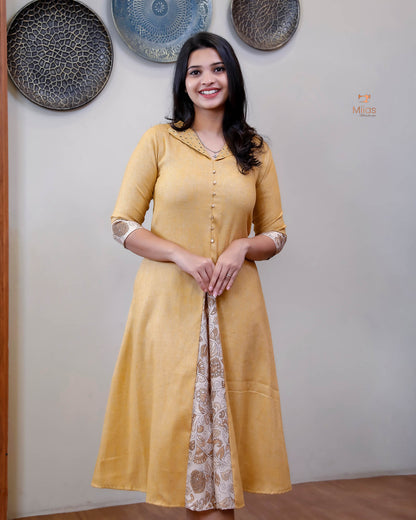 Linen Jute Kurti: Mirror Work Pleat w/ Kalamkari Patch-Light Golden Yellow.