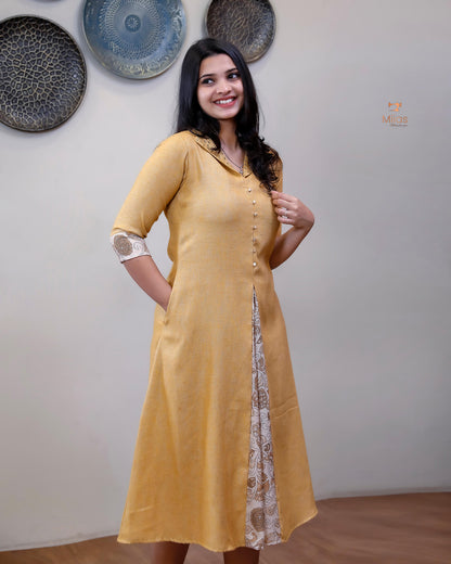 Linen Jute Kurti: Mirror Work Pleat w/ Kalamkari Patch-Light Golden Yellow.