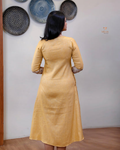 Linen Jute Kurti: Mirror Work Pleat w/ Kalamkari Patch-Light Golden Yellow.