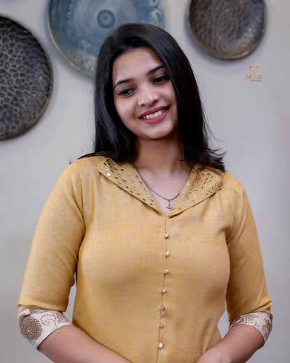 Linen Jute Kurti: Mirror Work Pleat w/ Kalamkari Patch-Light Golden Yellow.