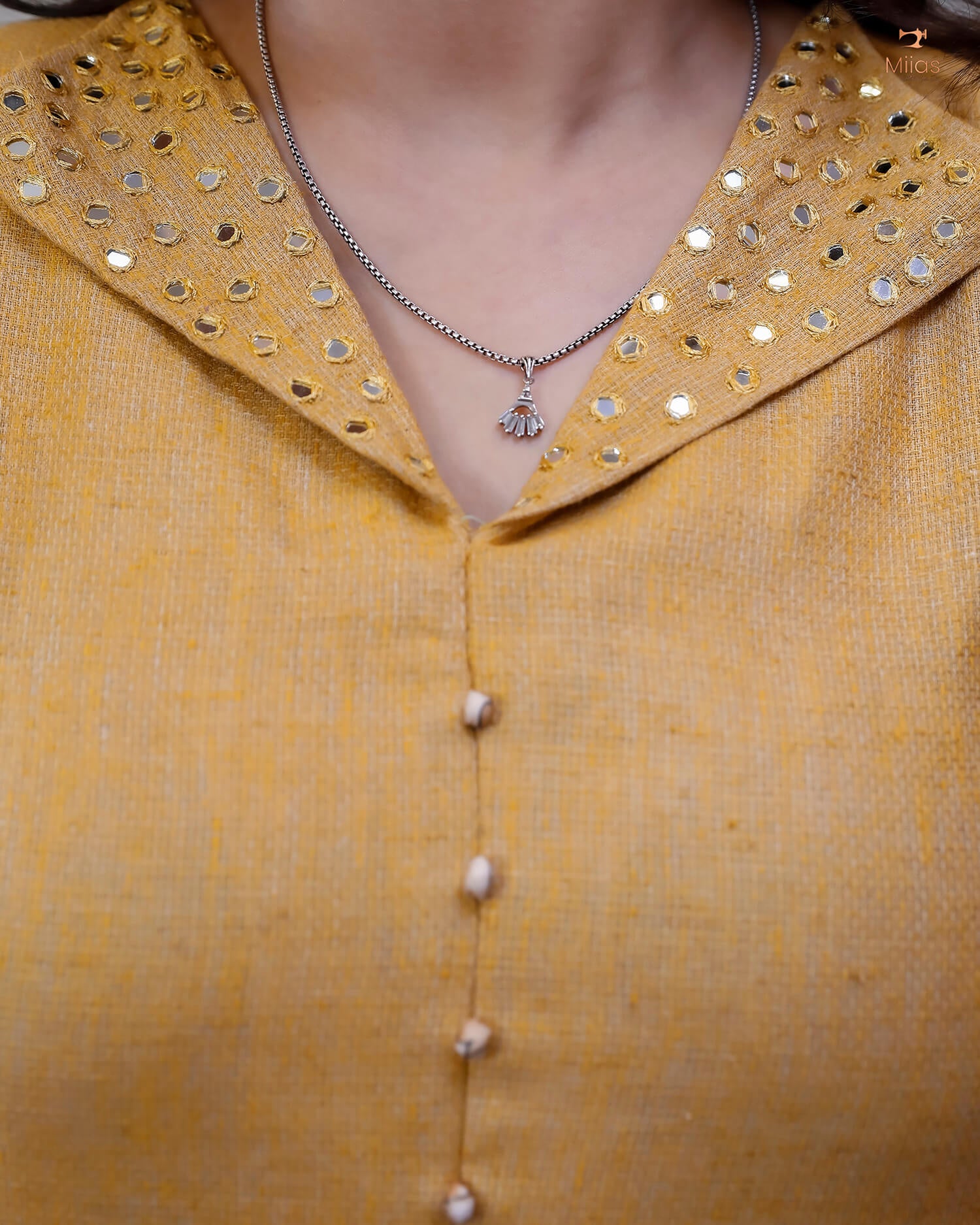 Linen Jute Kurti: Mirror Work Pleat w/ Kalamkari Patch-Light Golden Yellow.