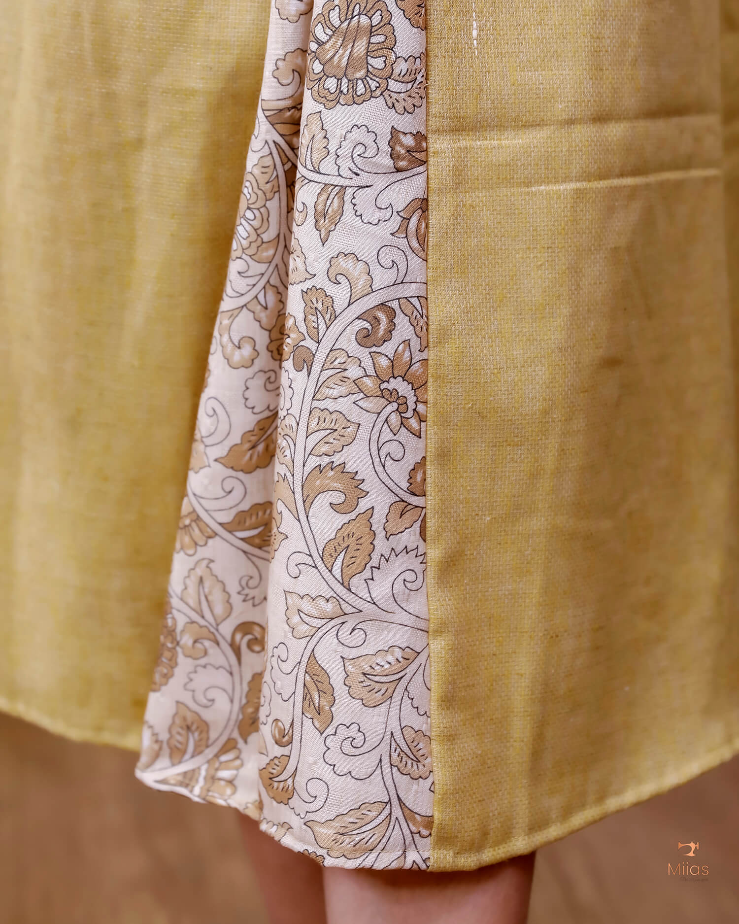 Linen Jute Kurti: Mirror Work Pleat w/ Kalamkari Patch-Light Golden Yellow.