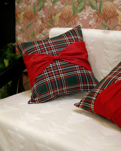 Cotton Christmas Cushion Covers w/ Bow, 16x16"