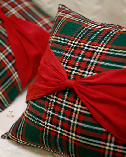 Cotton Christmas Cushion Covers w/ Bow, 16x16"
