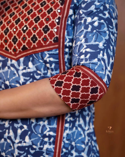South Cotton Dress kurti with Ajrakh Patchwork & Mirror