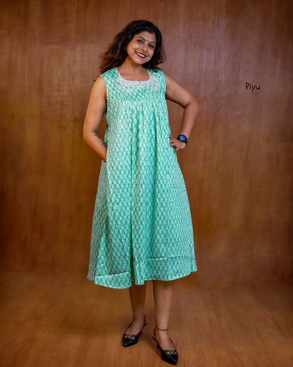 Soft Cotton Maternity Dress: Sleeveless with Cut-Work Yoke & Pocket-Aqua Green