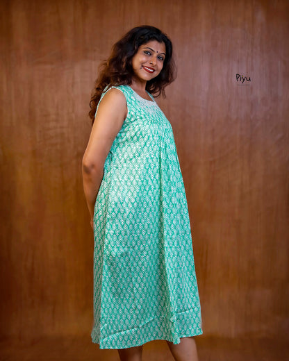 Soft Cotton Maternity Dress: Sleeveless with Cut-Work Yoke & Pocket-Aqua Green