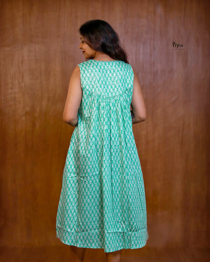 Soft Cotton Maternity Dress: Sleeveless with Cut-Work Yoke & Pocket-Aqua Green