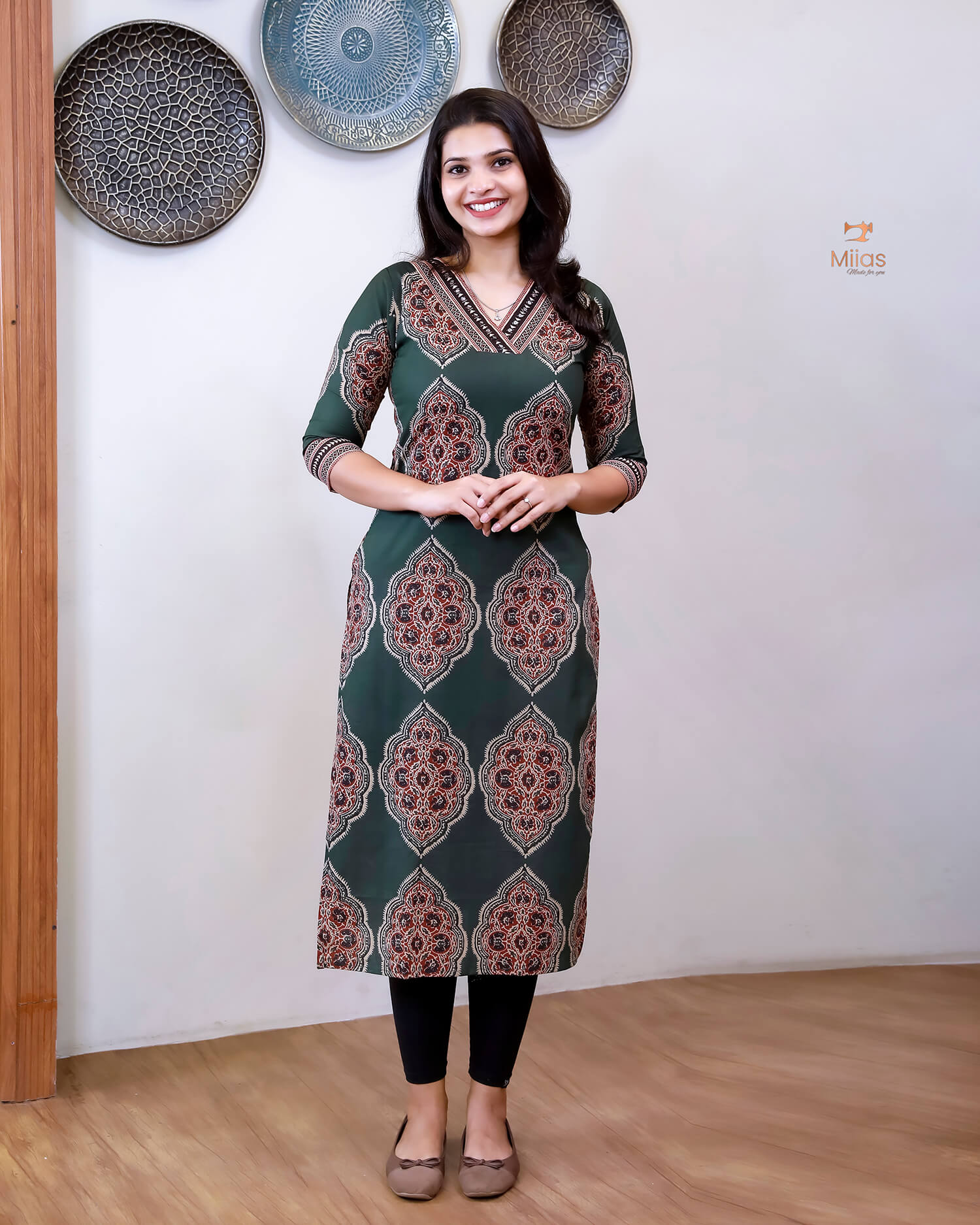 Cotton Ajrakh Printed Kurti V-Neck Mirror Work-Green.