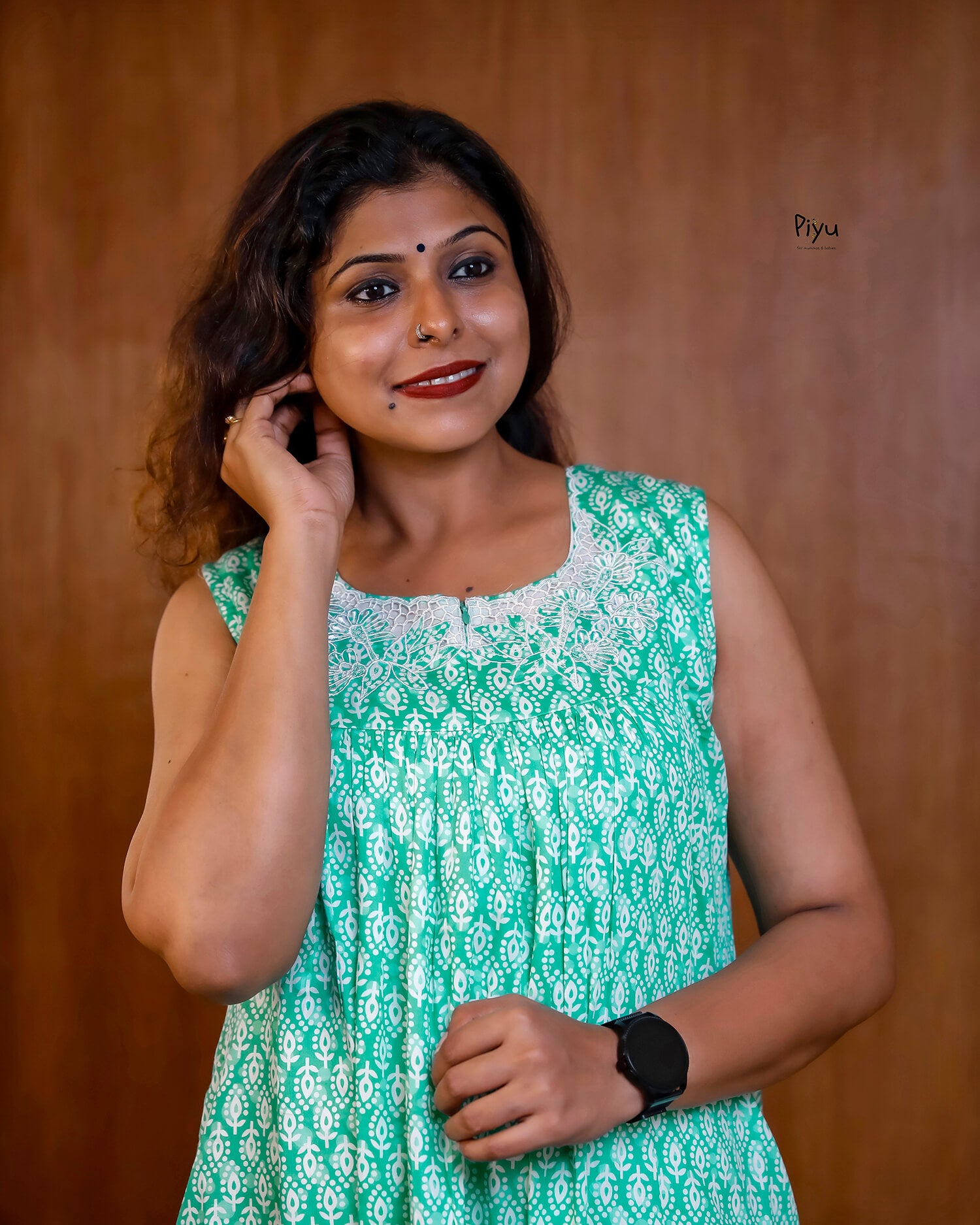 Soft Cotton Maternity Dress: Sleeveless with Cut-Work Yoke & Pocket-Aqua Green