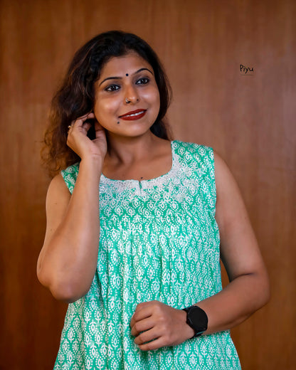 Soft Cotton Maternity Dress: Sleeveless with Cut-Work Yoke & Pocket-Aqua Green