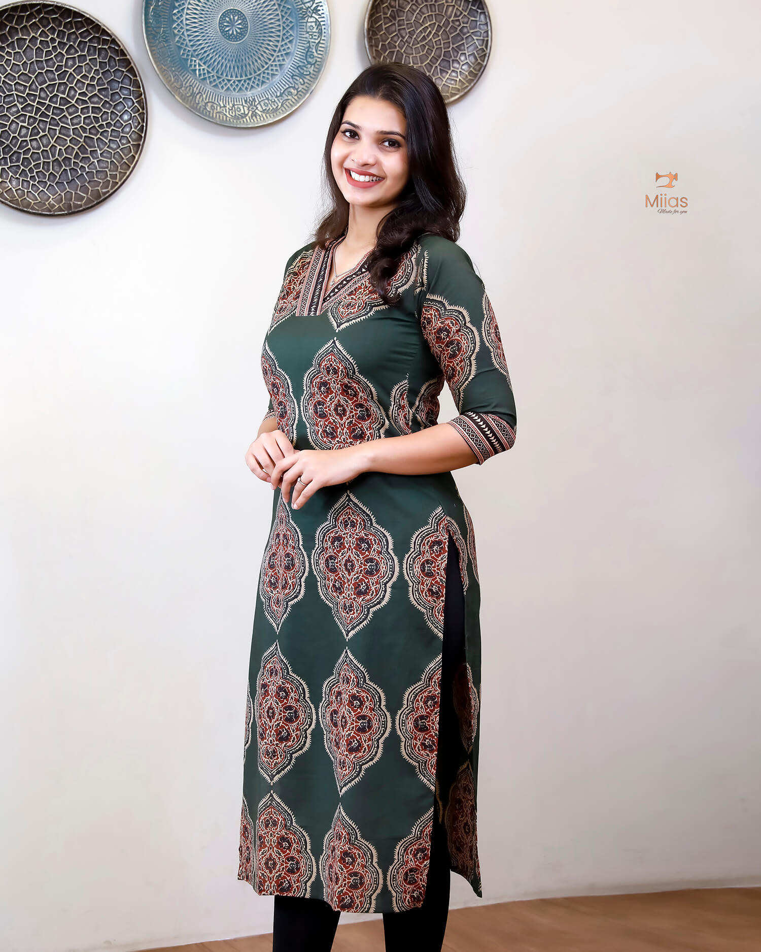 Cotton Ajrakh Printed Kurti V-Neck Mirror Work-Green.