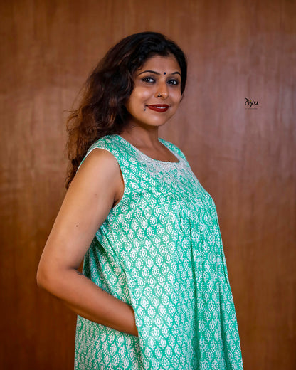 Soft Cotton Maternity Dress: Sleeveless with Cut-Work Yoke & Pocket-Aqua Green