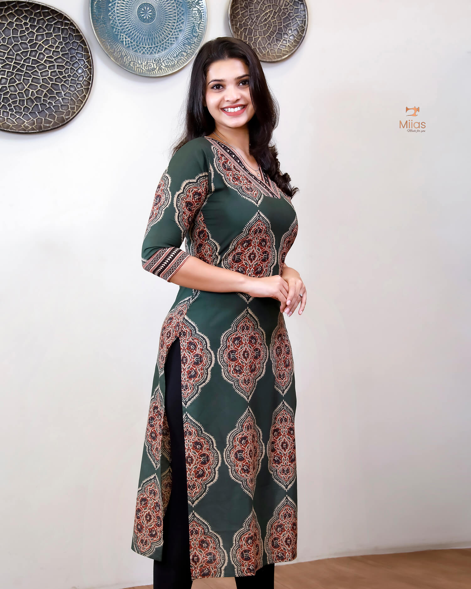 Cotton Ajrakh Printed Kurti V-Neck Mirror Work-Green.