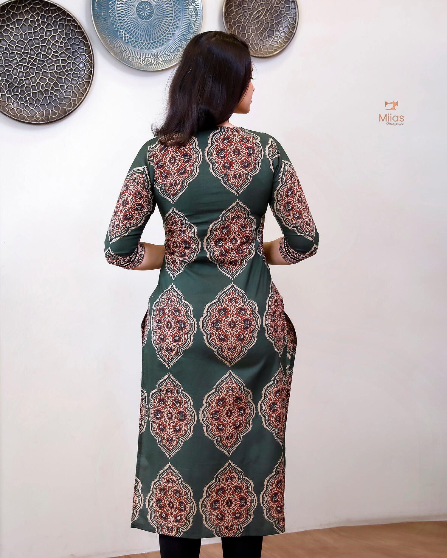Cotton Ajrakh Printed Kurti V-Neck Mirror Work-Green.
