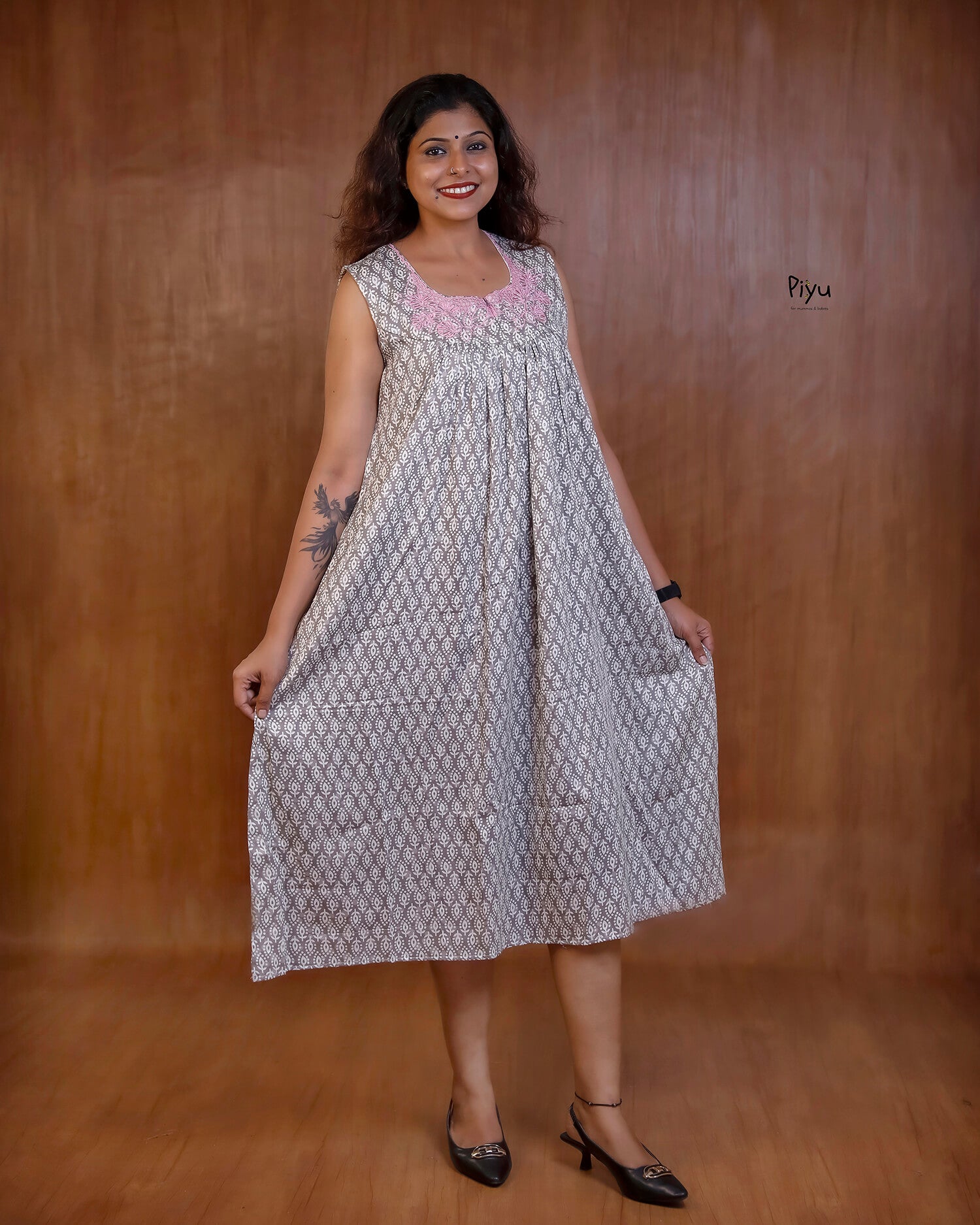 Soft Cotton Maternity Dress: Sleeveless with Cut-Work Yoke & Pocket-Ash