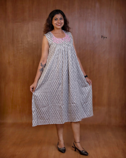 Soft Cotton Maternity Dress: Sleeveless with Cut-Work Yoke & Pocket-Ash