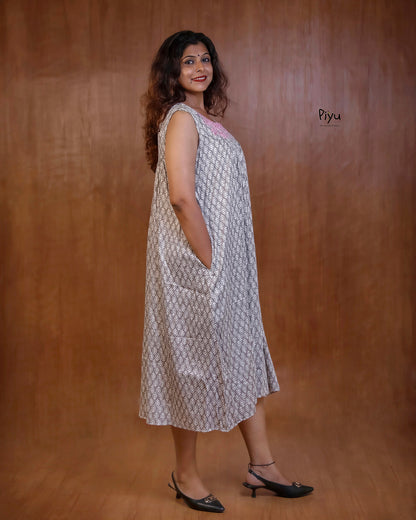 Soft Cotton Maternity Dress: Sleeveless with Cut-Work Yoke & Pocket-Ash