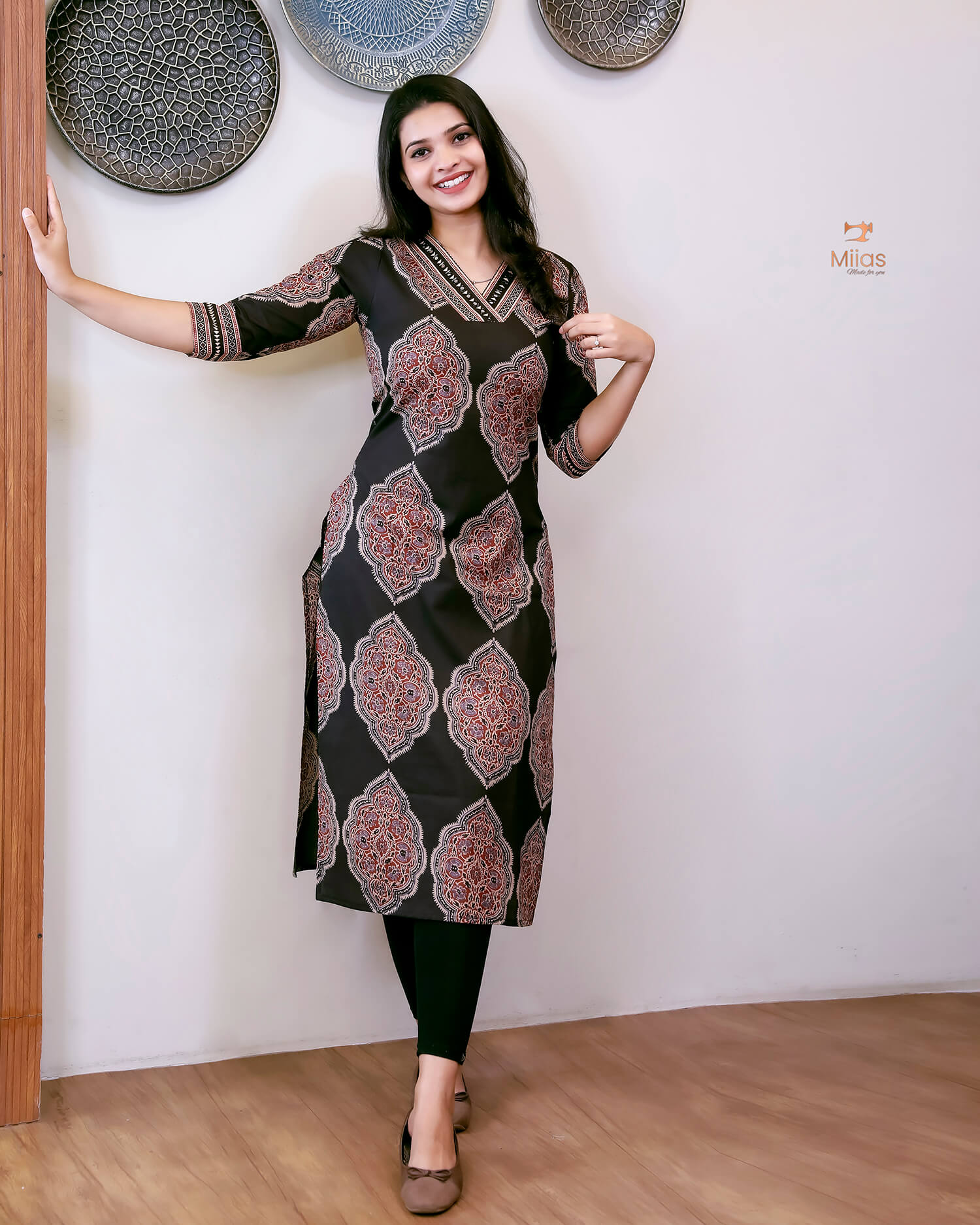 Cotton Ajrakh Printed Kurti V-Neck Mirror Work-Black.