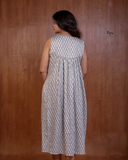 Soft Cotton Maternity Dress: Sleeveless with Cut-Work Yoke & Pocket-Ash