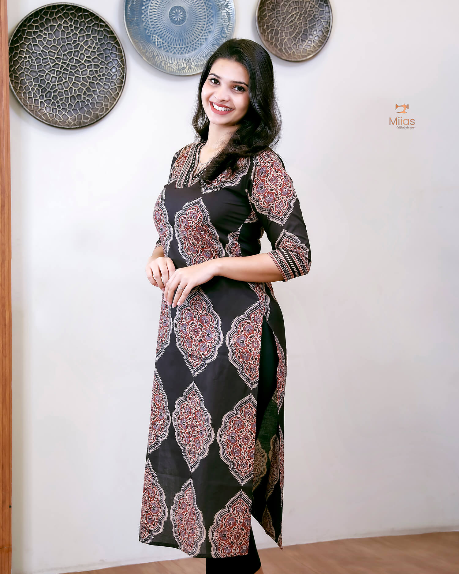 Cotton Ajrakh Printed Kurti V-Neck Mirror Work-Black.
