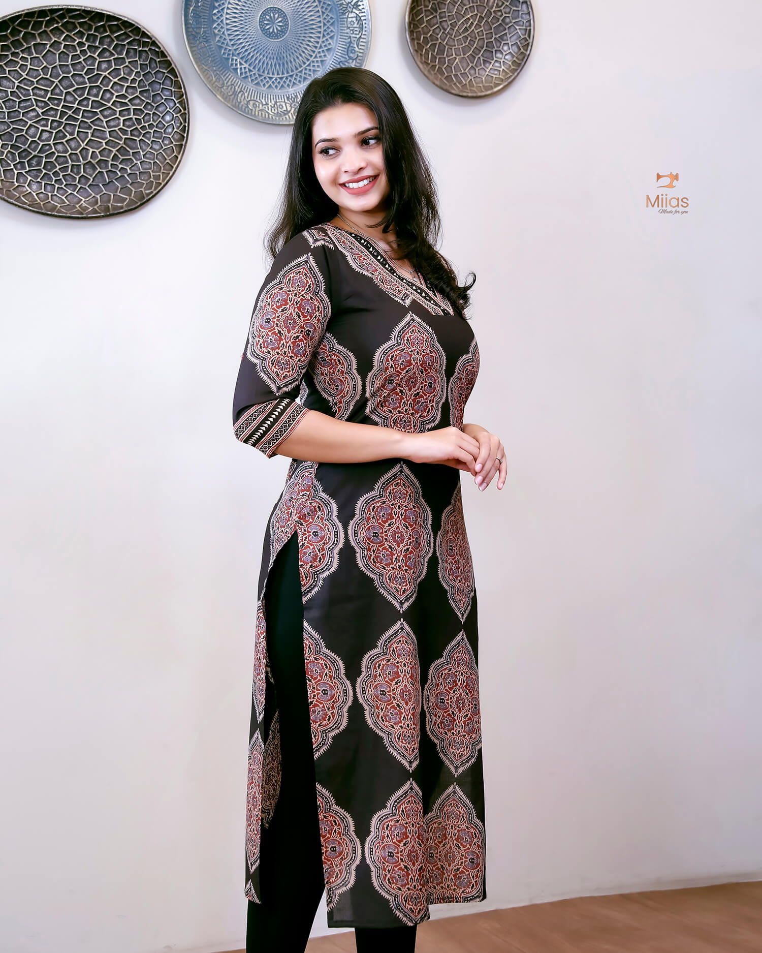 Cotton Ajrakh Printed Kurti V-Neck Mirror Work-Black.