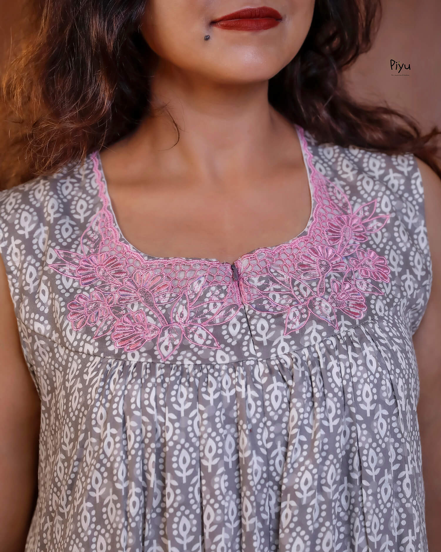 Soft Cotton Maternity Dress: Sleeveless with Cut-Work Yoke & Pocket-Ash