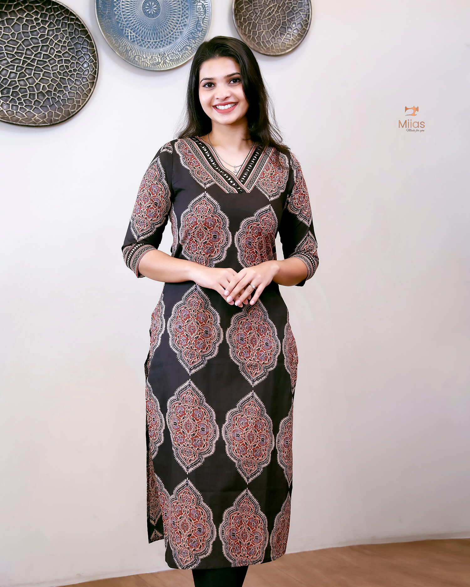 Cotton Ajrakh Printed Kurti V-Neck Mirror Work-Black.
