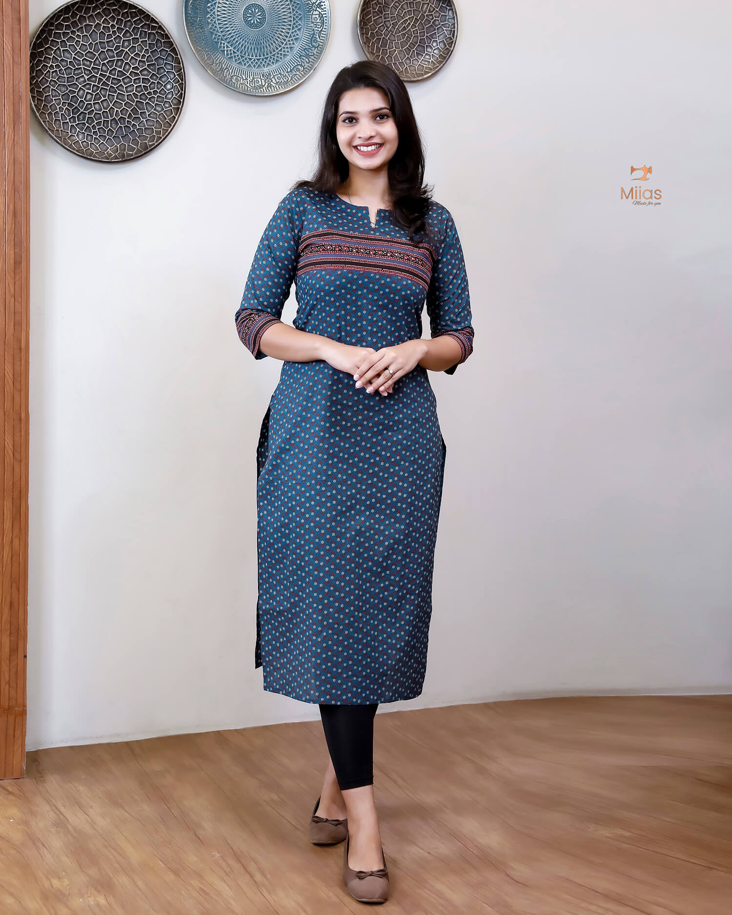 South Cotton Slitted Kurti with Mirror Work Border-Navy Blue.