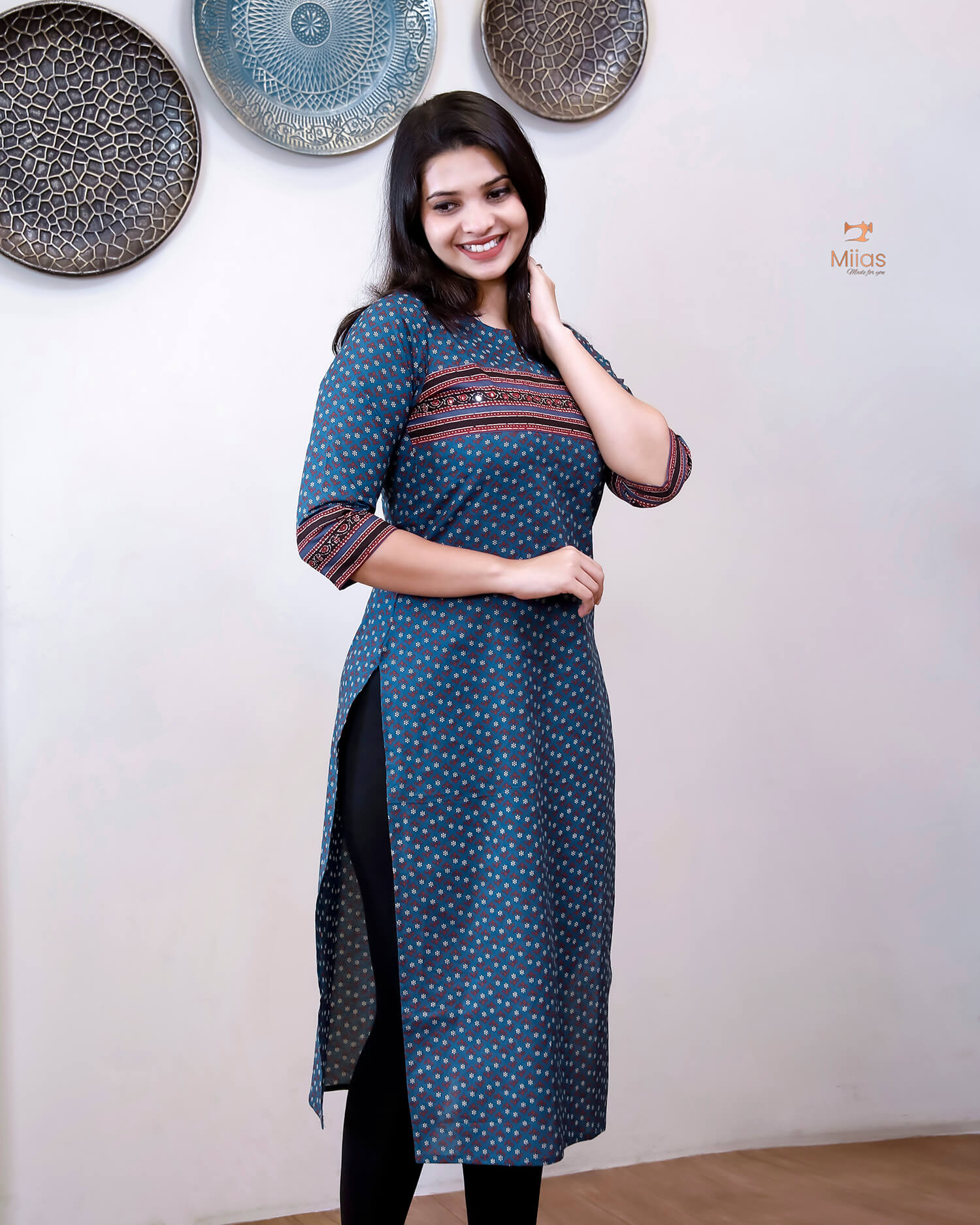 South Cotton Slitted Kurti with Mirror Work Border-Navy Blue.