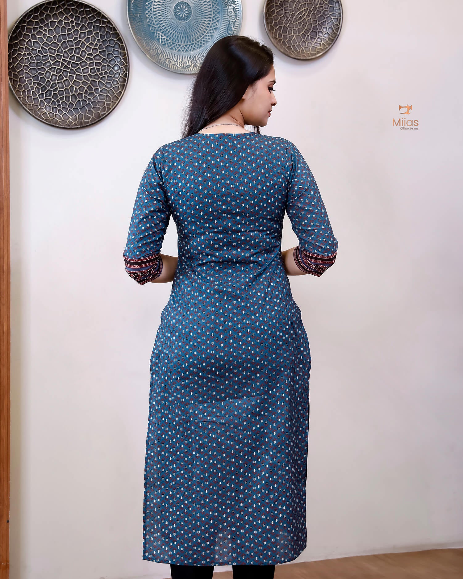 South Cotton Slitted Kurti with Mirror Work Border-Navy Blue.