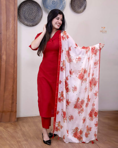 Vatican Two-Piece Set with Printed Chiffon Dupatta-Red.