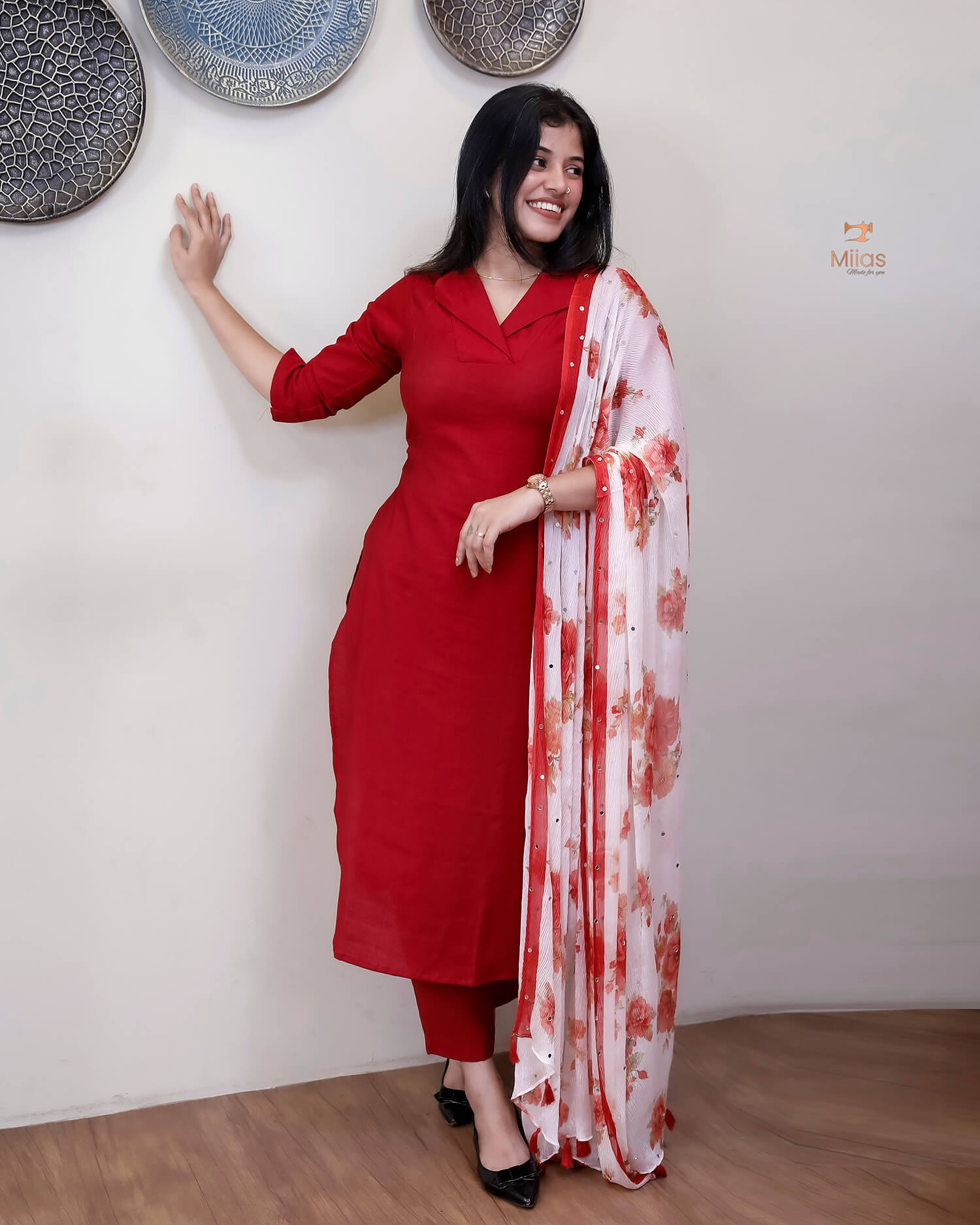 Vatican Two-Piece Set with Printed Chiffon Dupatta-Red.