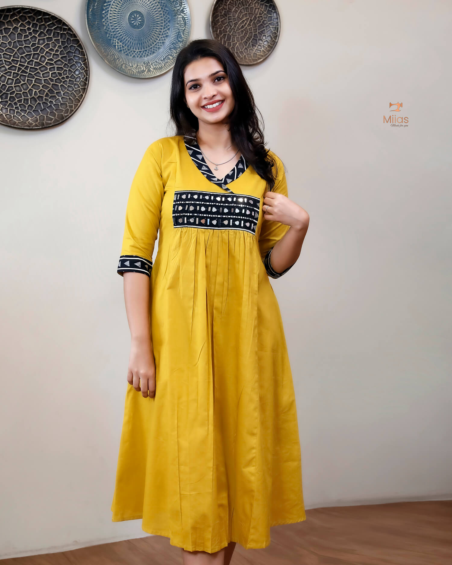 Pure Cotton A-Line Kurti with Mirror & Pocket-Yellow.