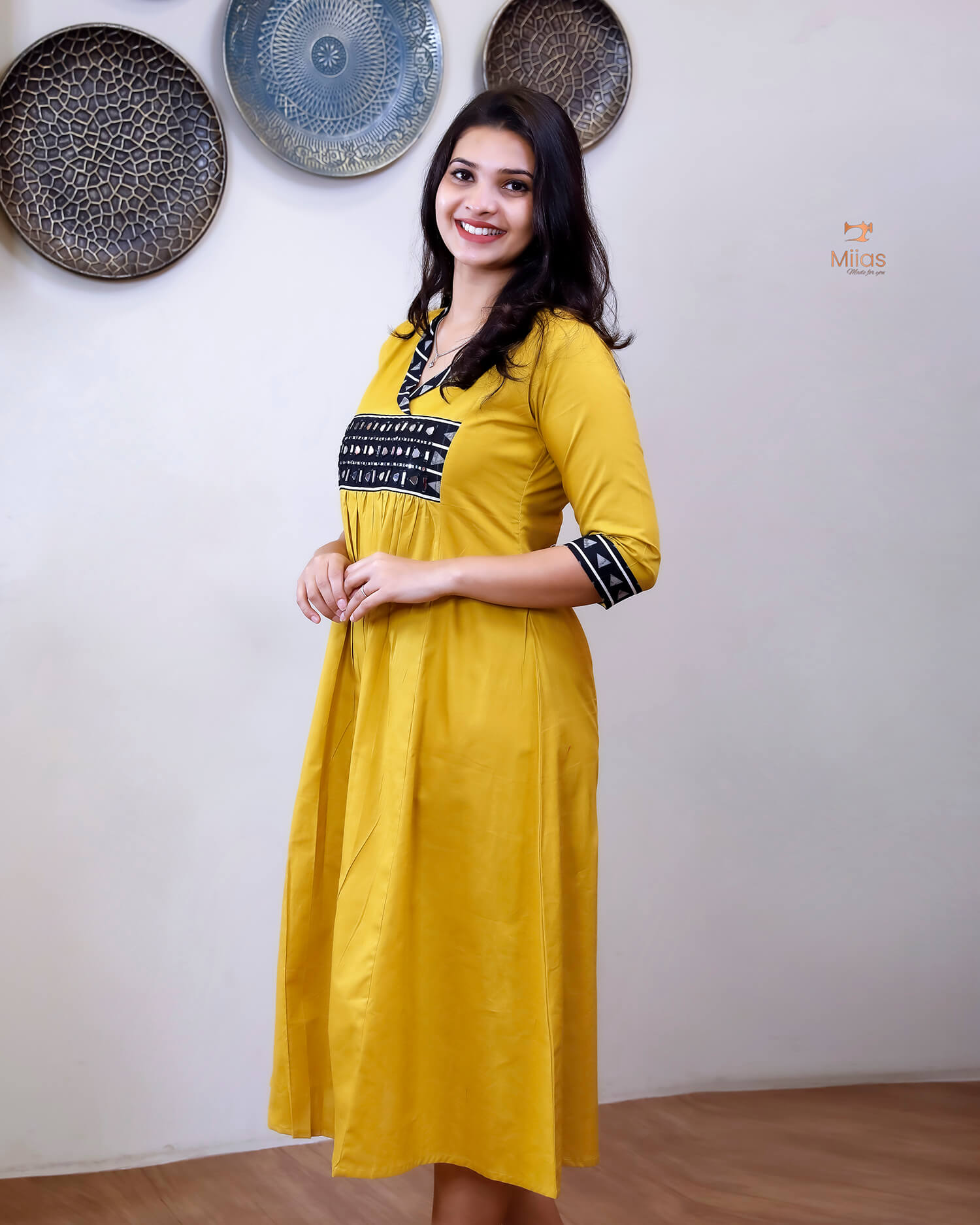 Pure Cotton A-Line Kurti with Mirror & Pocket-Yellow.