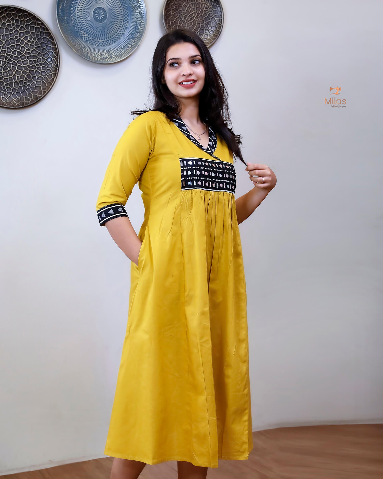 Pure Cotton A-Line Kurti with Mirror & Pocket-Yellow.