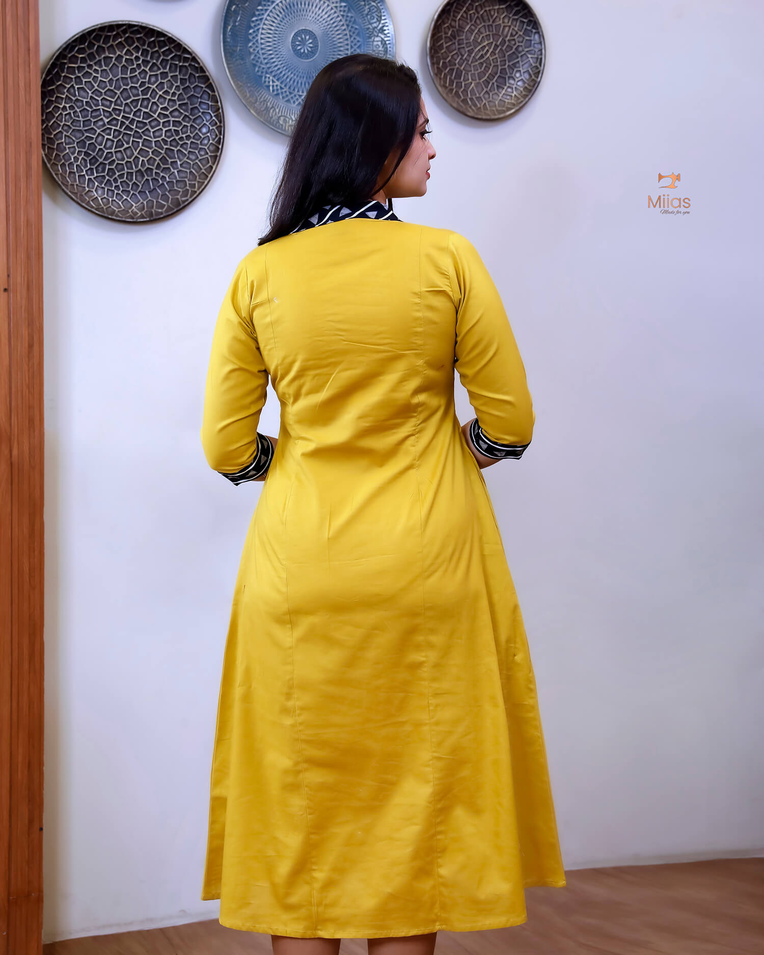 Pure Cotton A-Line Kurti with Mirror & Pocket-Yellow.