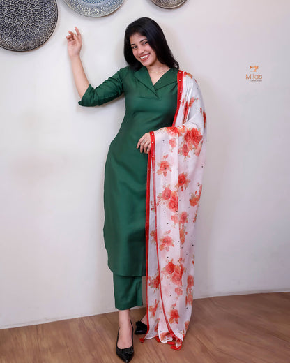 Vatican Two-Piece Set with Printed Chiffon Dupatta-Green.