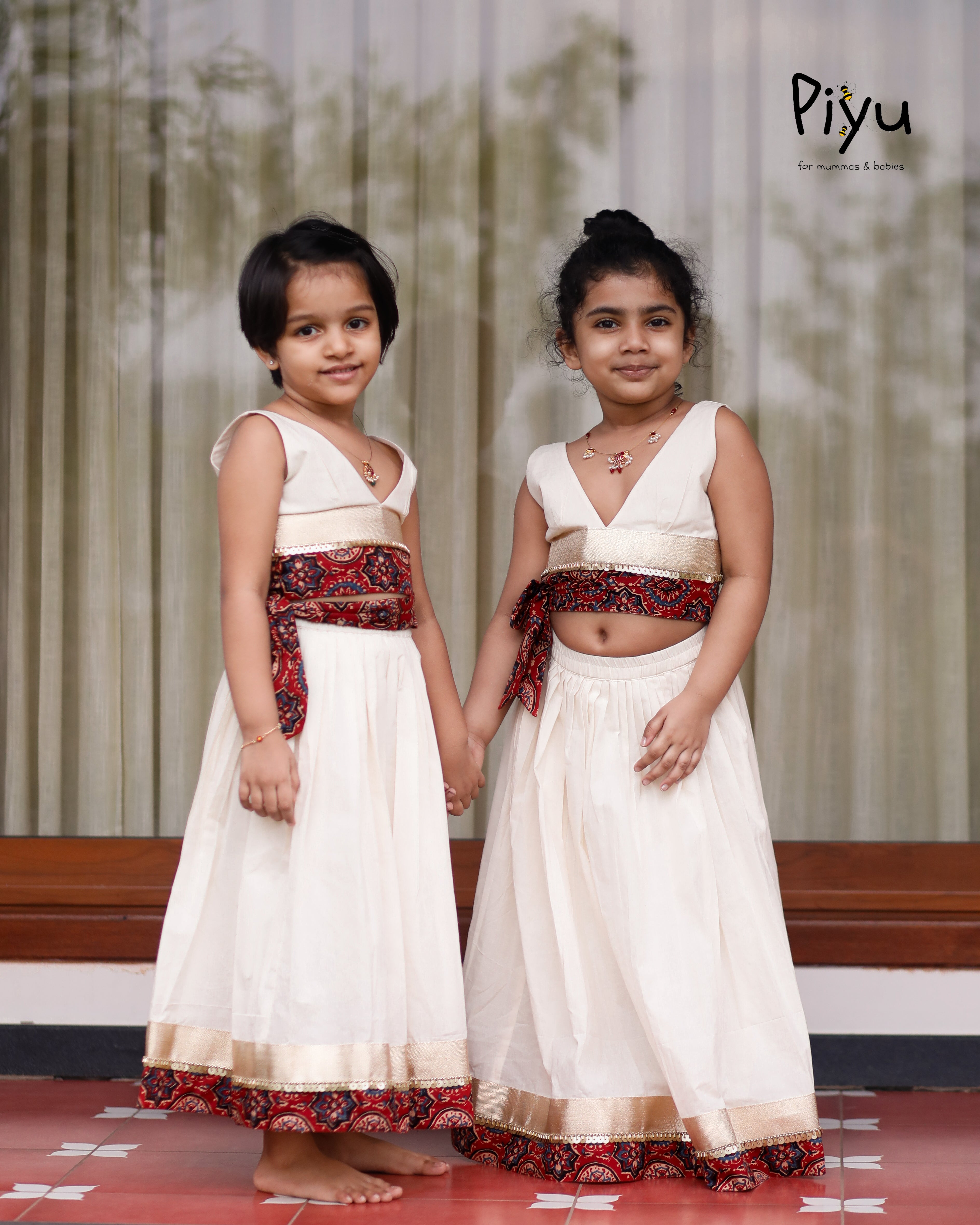 Kora Cotton Crop Top + Skirt | Ajrakh Border + Sequin Lace | Ivory