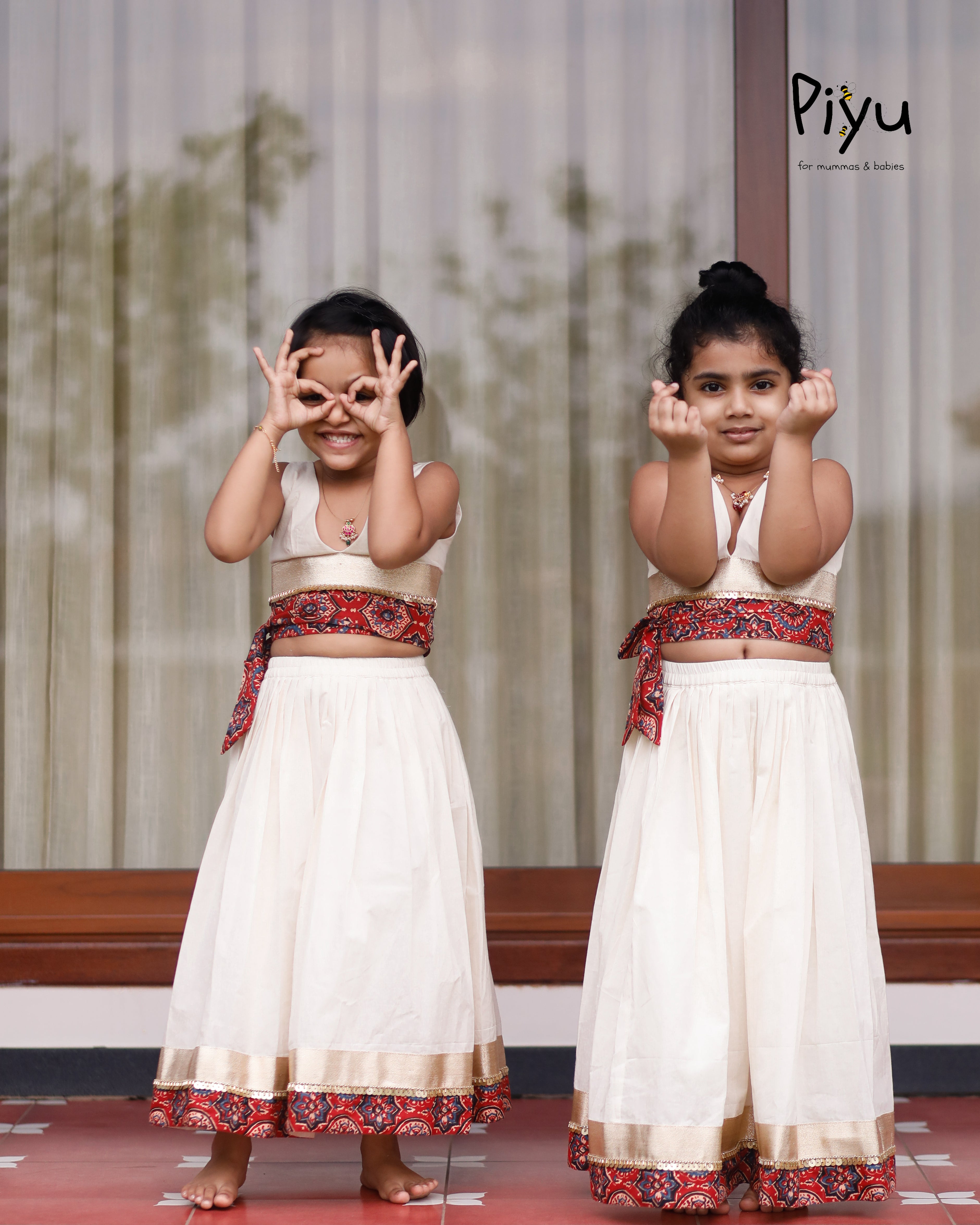 Kora Cotton Crop Top + Skirt | Ajrakh Border + Sequin Lace | Ivory