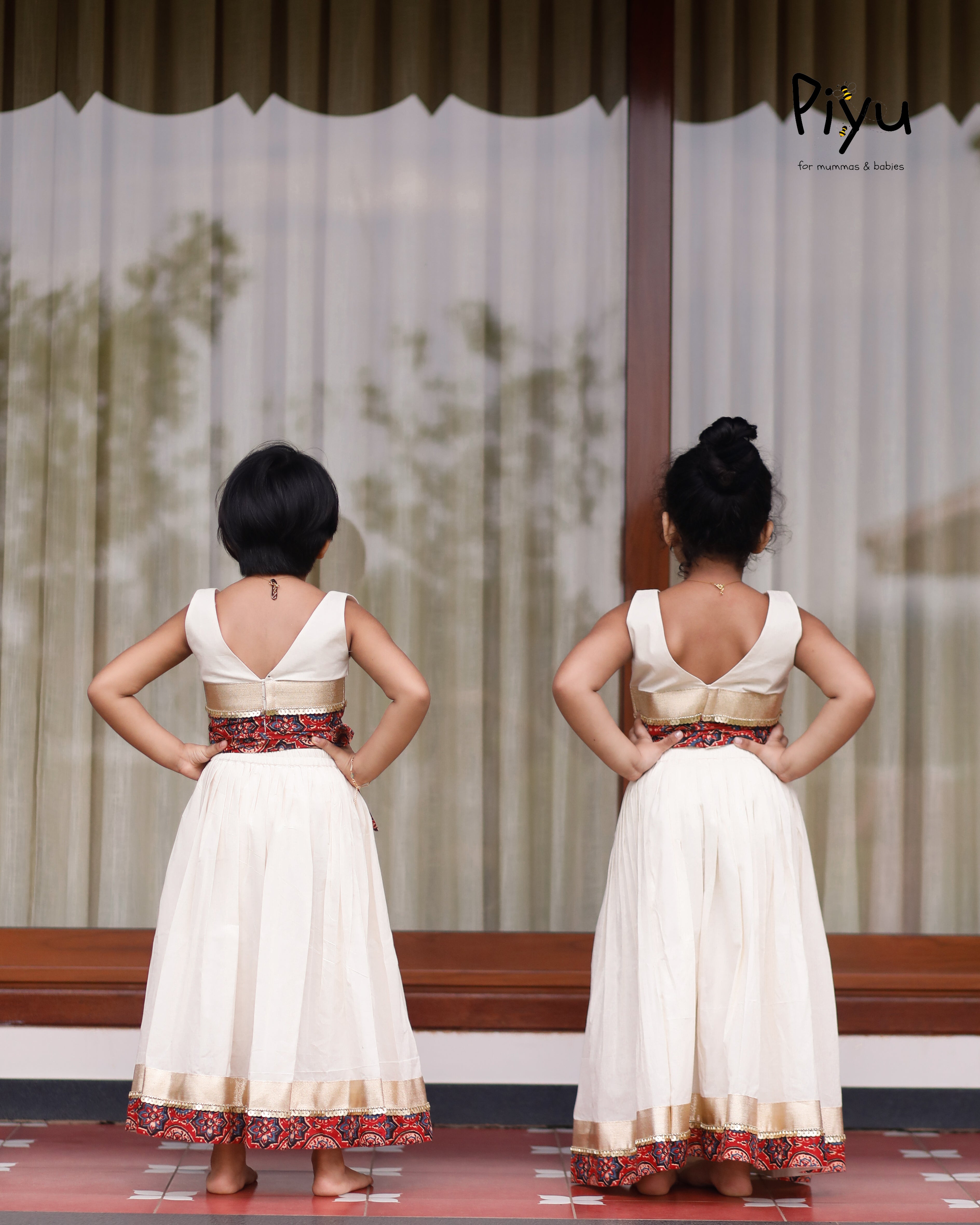 Kora Cotton Crop Top + Skirt | Ajrakh Border + Sequin Lace | Ivory