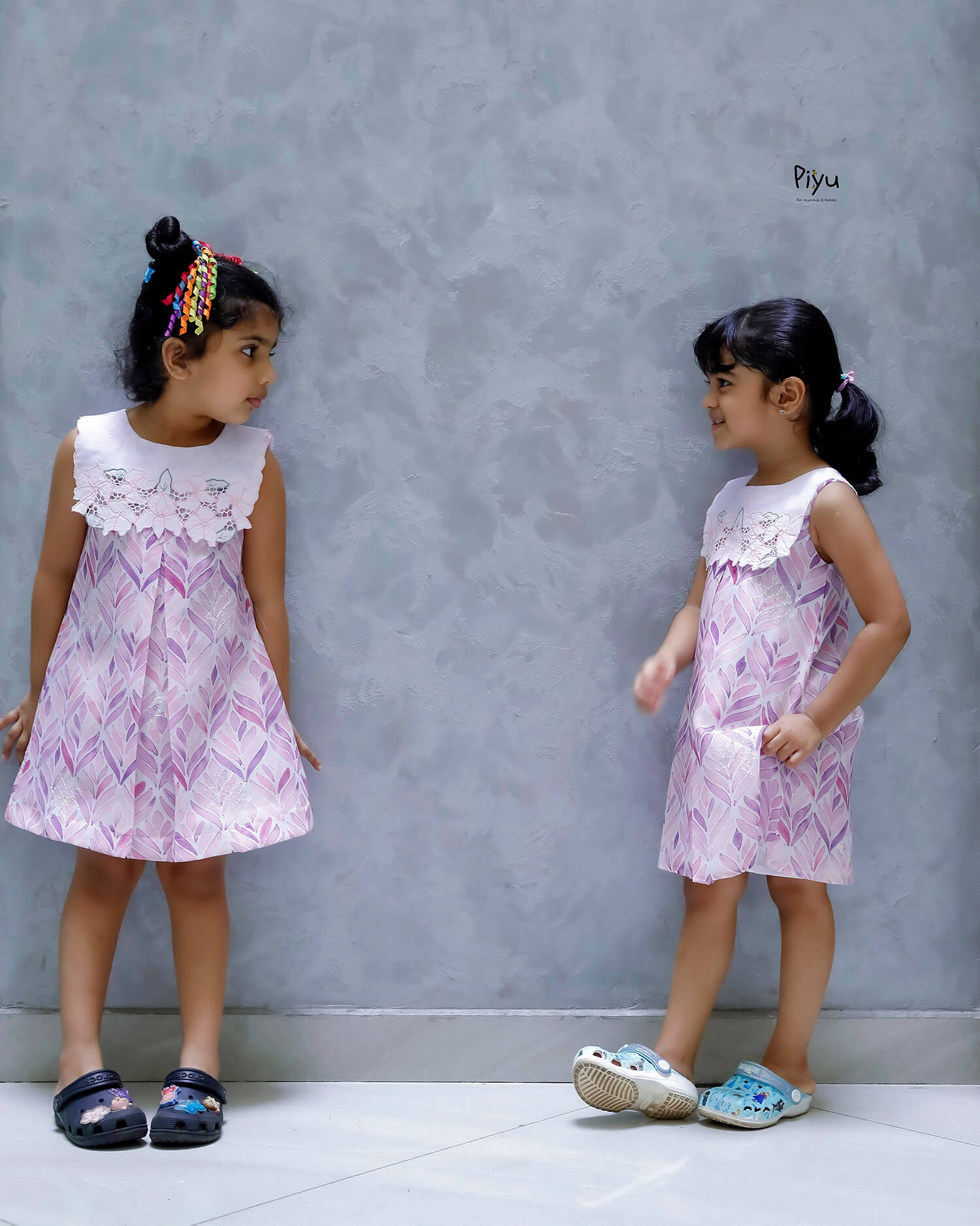 Linen Hakoba Frock: Scalloped Cutwork Box Pleat Dress-Purple & Pink.